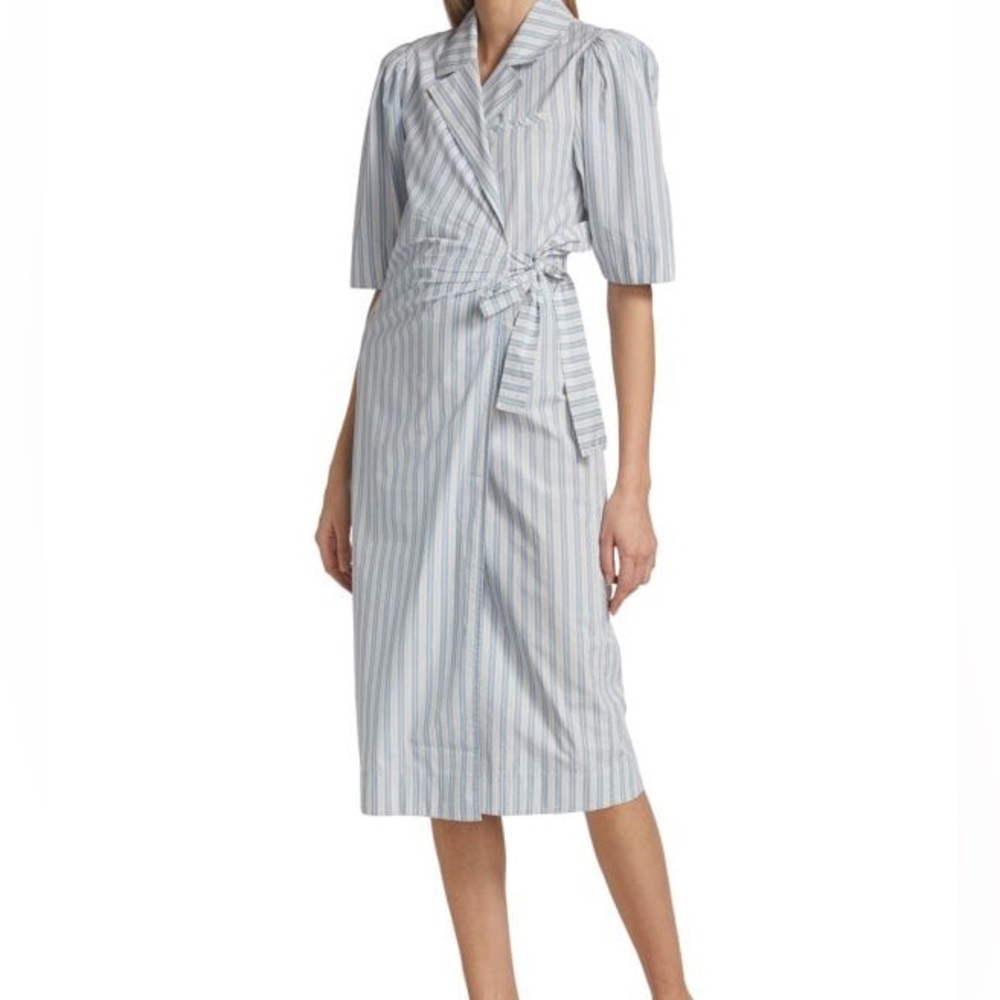 GANNI Striped belted organic cotton-poplin wrap midi dress size EU 32, US 2